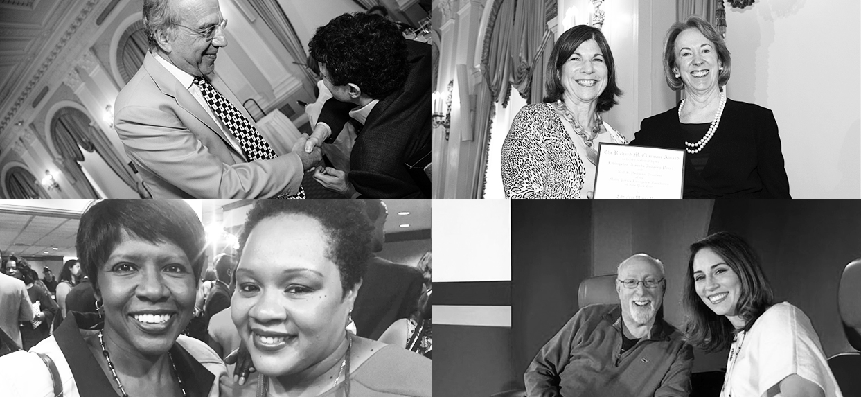 Collage of Recipients of the Richard M. Clurman Award for mentoring (clockwise from top left) include Stephen Shepard (pictured with David Remnick), Sandra Mims Rowe (pictured with Anna Quindlen), the late Gwen Ifill (pictured with Yamichi Alcindor) and Walt Mossberg (pictured with Lauren Goode).